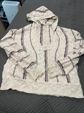 Roxy Hooded Striped Knit Sweater - Cream with Purple Stripes